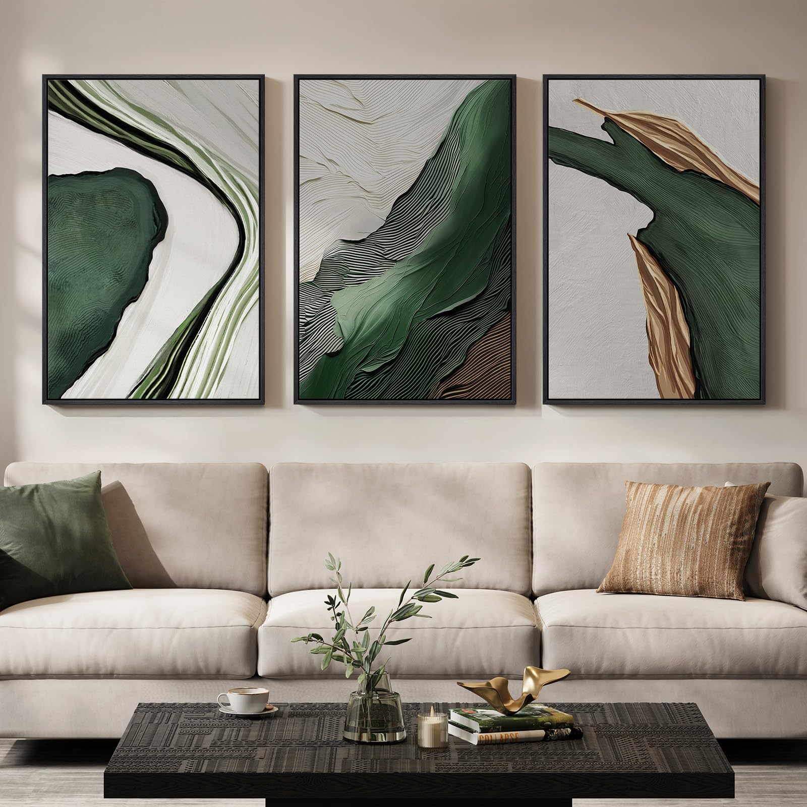 Large Framed Blue and Neutral Abstract Wall Art for Living Room, 3 Piece Modern Canvas Prints Paintings Artwork for Walls, Minimalist Pictures for Bedroom Dining Room Hallway Wall Decor 24x36 Inch