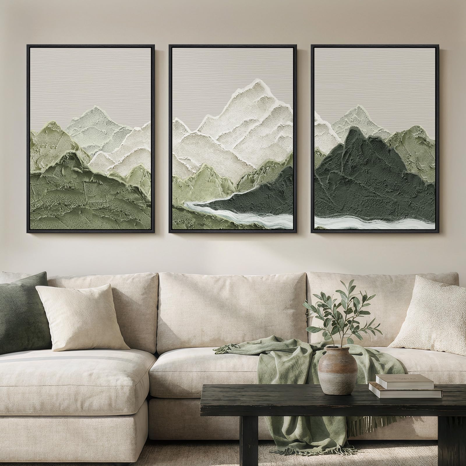 Large Framed Neutral Abstract Landscape Set of 3 Living Room Wall Art, Modern Misty Pine Forest Canvas Artwork for Walls, Beige Rustic Farmhouse Nature Wall Decor for Bedroom Hallway Office, 24x36 In