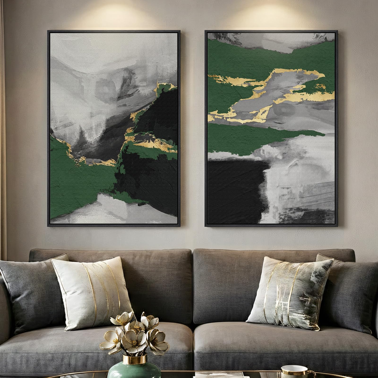 24x36 Inch 2-Piece Framed Black Beige Abstract Canvas Prints, Minimalist Black White Wall Art Decor for Living Room, Dining, Hallway & Bedroom