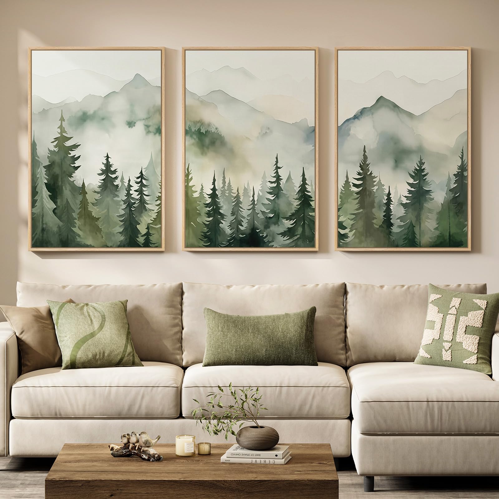 Large Framed Neutral Abstract Landscape Set of 3 Living Room Wall Art, Modern Misty Pine Forest Canvas Artwork for Walls, Beige Rustic Farmhouse Nature Wall Decor for Bedroom Hallway Office, 24x36 In