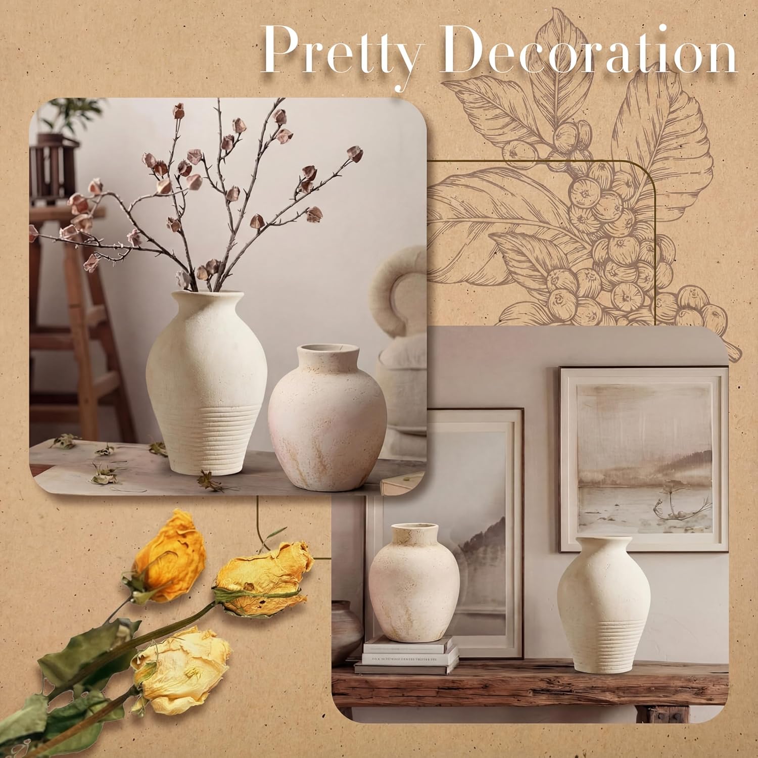2 Pcs Rustic Farmhouse Vase Terracotta Clay Vase White Pottery Decorative Flower Pot Vintage Decor for Table, Living Room, Shelf, Mantel Decoration