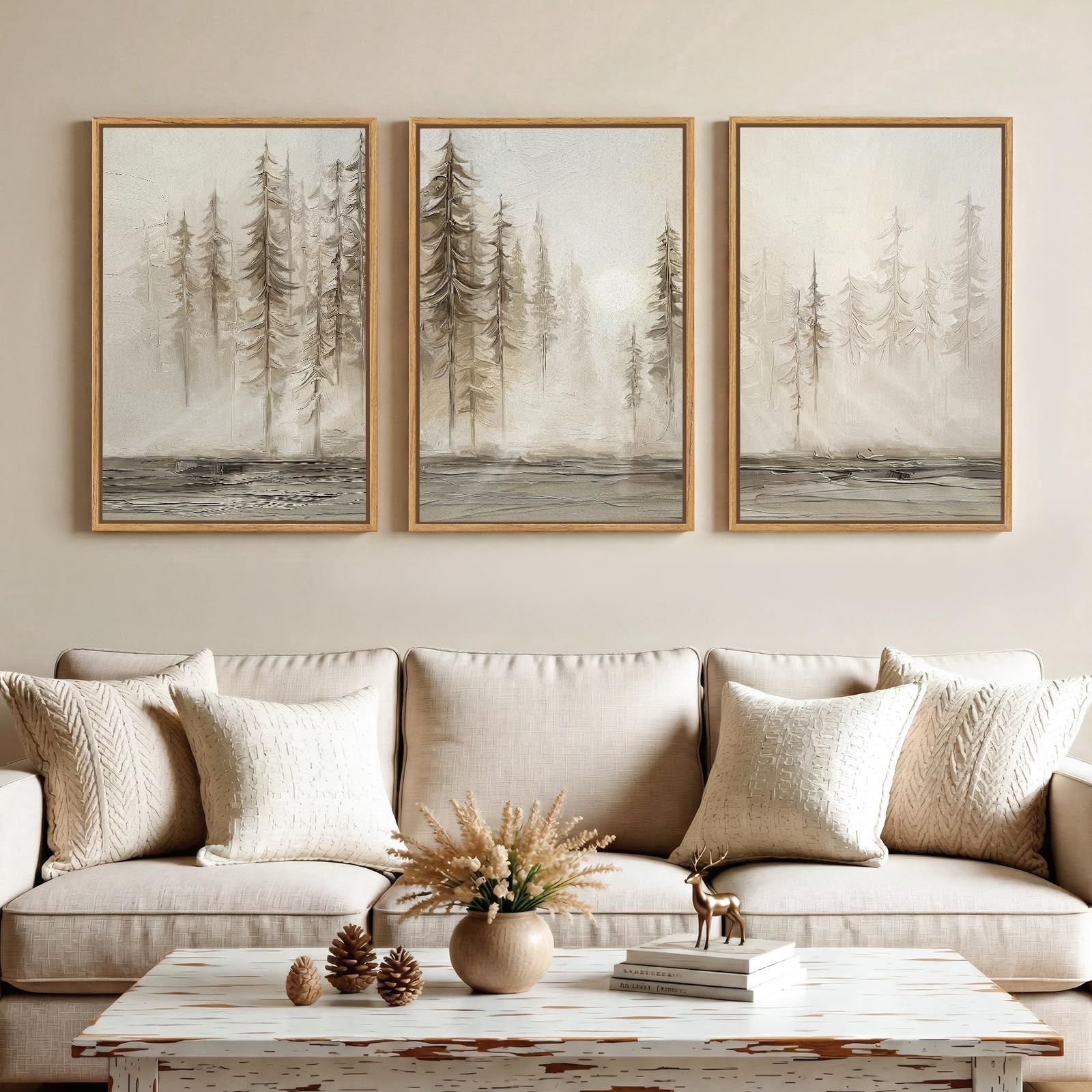 Large Framed Neutral Abstract Landscape Set of 3 Living Room Wall Art, Modern Misty Pine Forest Canvas Artwork for Walls, Beige Rustic Farmhouse Nature Wall Decor for Bedroom Hallway Office, 24x36 In