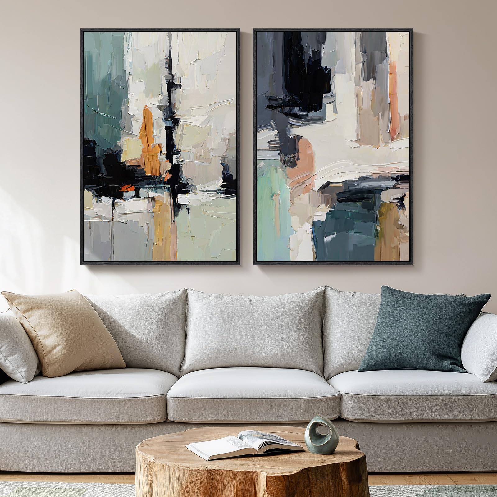 Large Framed Neutral Abstract Wall Art, 2 Piece Modern Canvas Prints Paintings, Beige Gold Abstract Pictures for Living Room Hallway Dining Room Bedroom Office Wall Decor 24x36 In