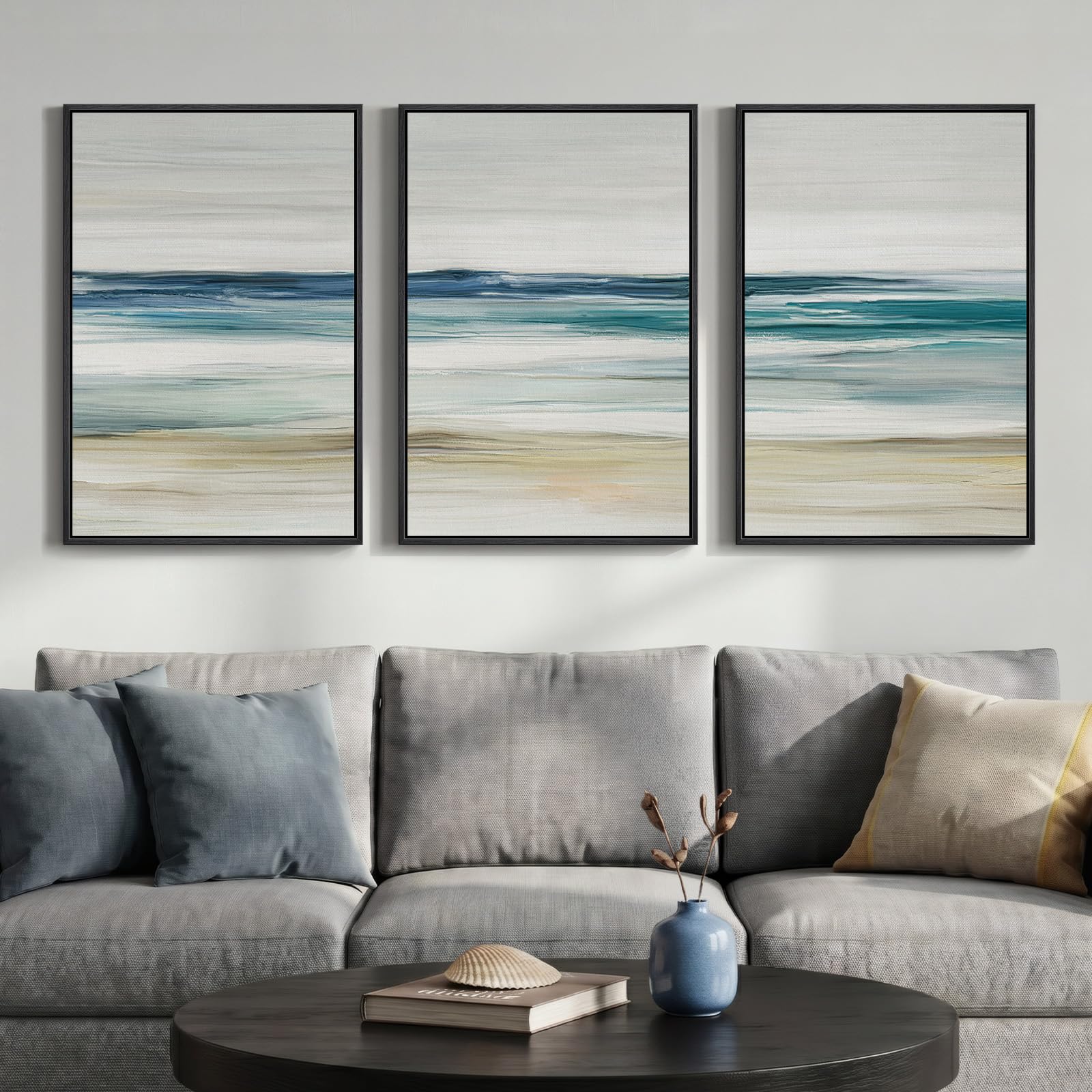 Framed Abstract Coastal Wall Art for Living Room, Large Blue Coastal Landscape Decor, 3 Piece Minimalist Beach Ocean Painting Artwork for Walls, Canvas Prints for Bedroom Hallway Wall Decor, 24x36 In