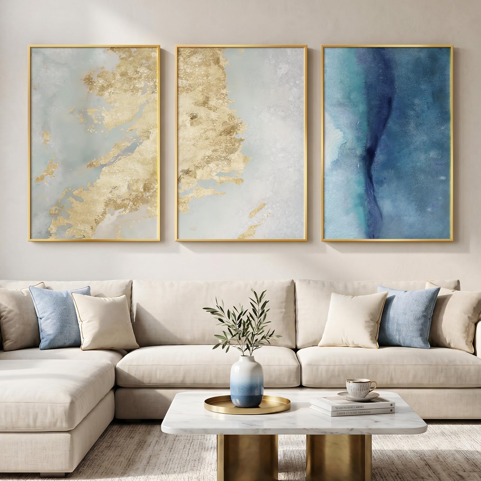 Large Framed Blue and Neutral Abstract Wall Art for Living Room, 3 Piece Modern Canvas Prints Paintings Artwork for Walls, Minimalist Pictures for Bedroom Dining Room Hallway Wall Decor 24x36 Inch