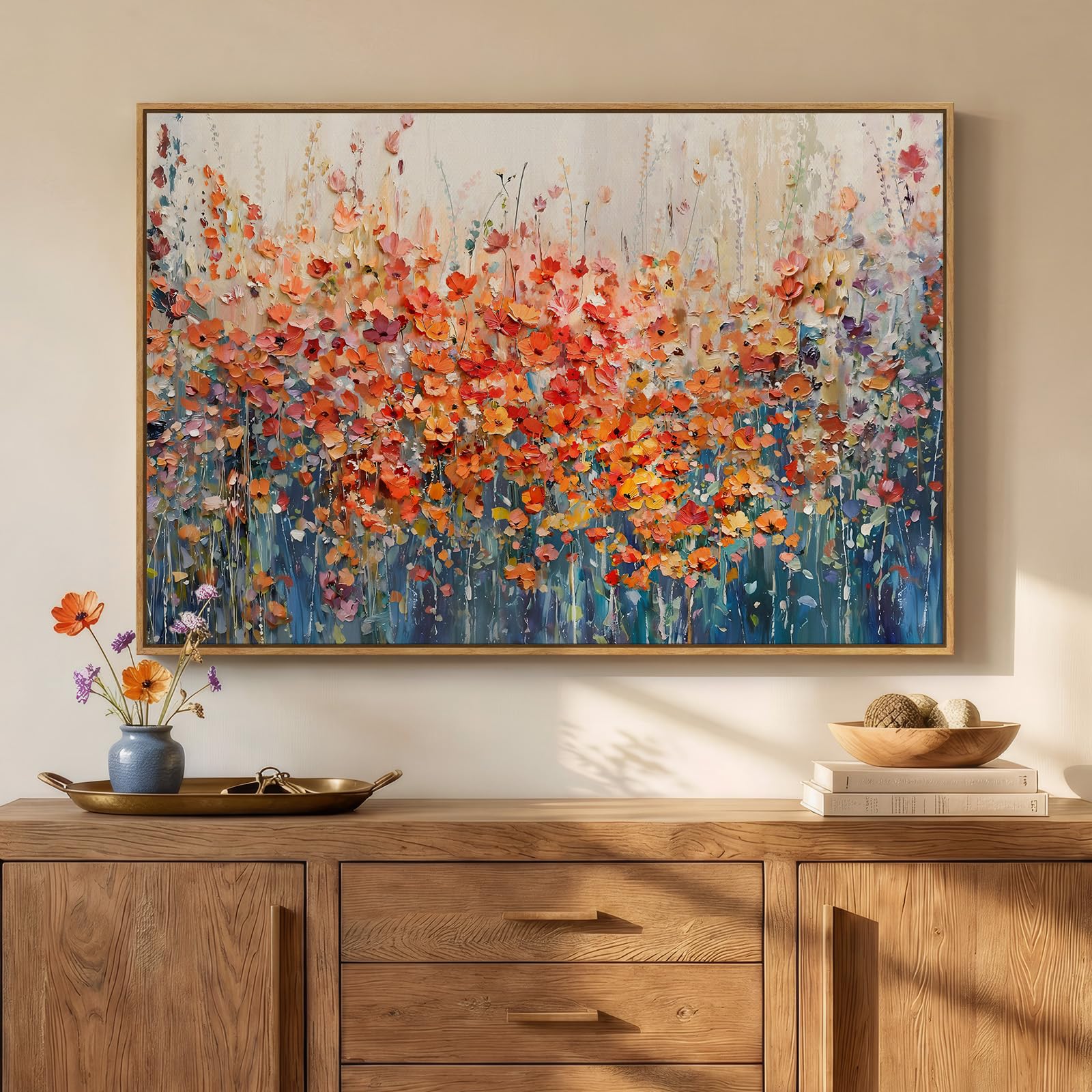 Framed Abstract Flower Wall Art, Colorful Botanical Floral Canvas Painting Prints for Modern Farmhouse Wall Art Decor, Wildflower Pictures for Living Room Bedroom Dining Room Wall Decor, 24x36 Inch