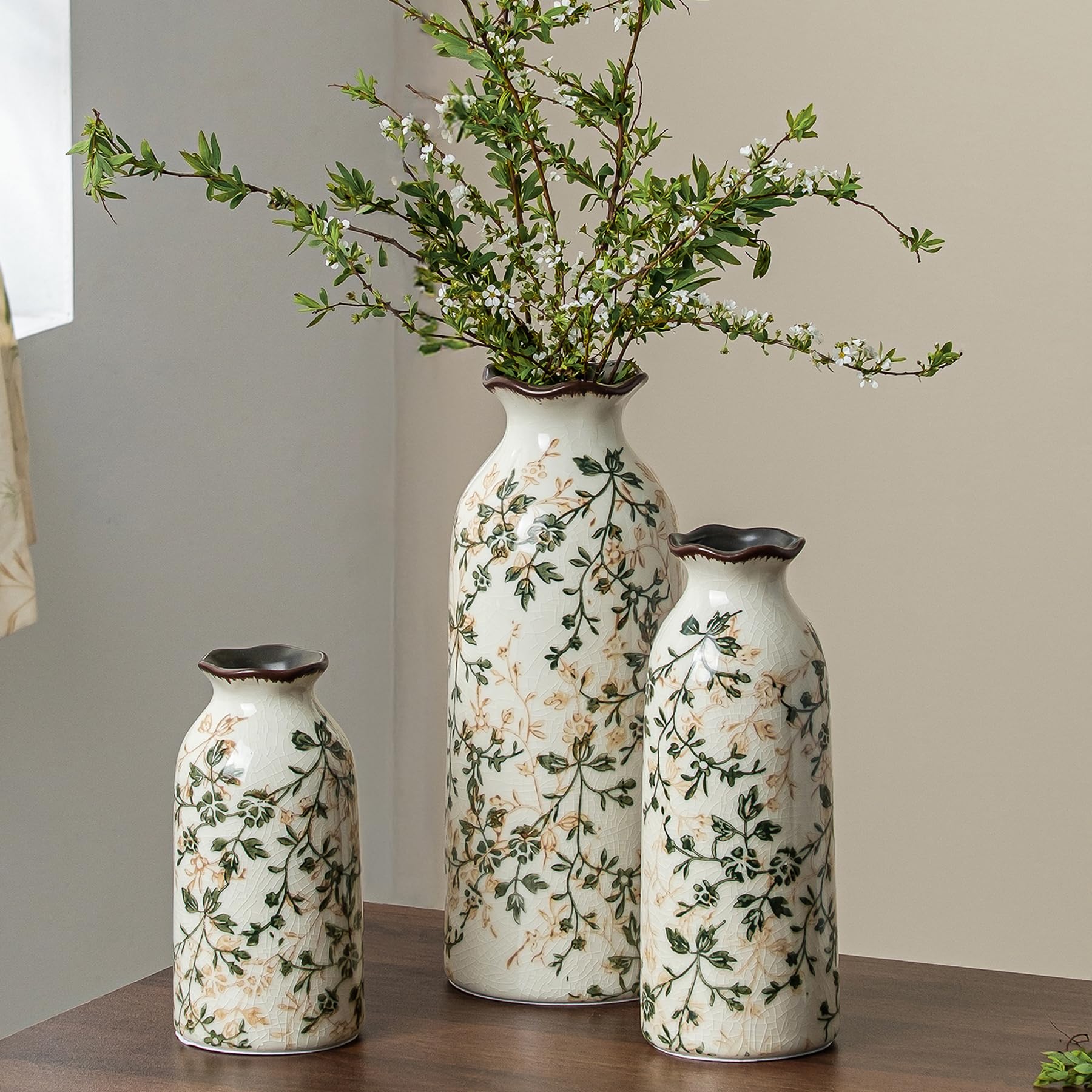 Ceramic Flower Vases Set of 3 | Green Rustic Farmhouse Vase Set for Home Decor, Vintage Floral Decorative Vase for Living Room & Kitchen, Mantel & Bookshelf, Centerpieces, Entryway(5.9+7.9+9.9Inch)