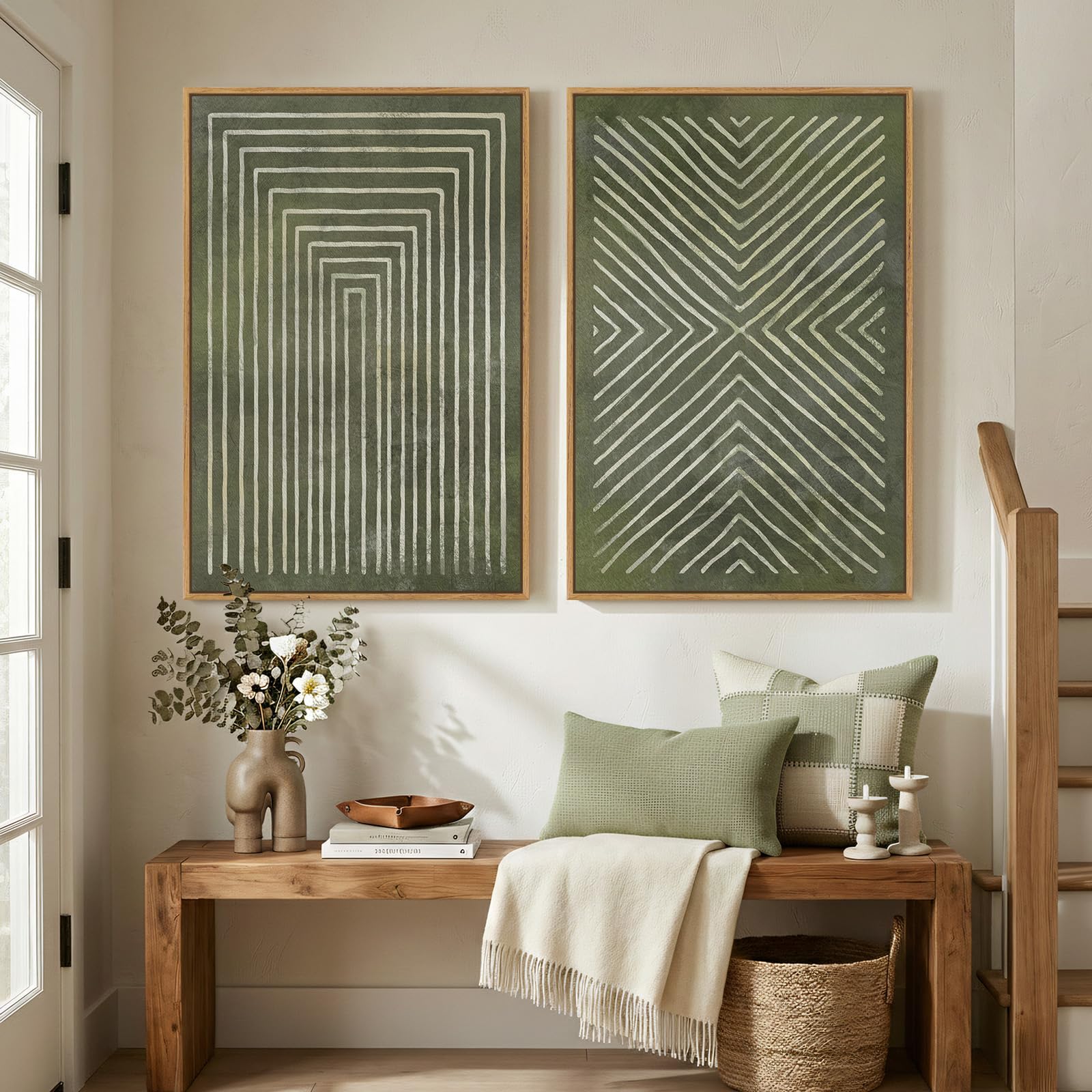 Large Framed Neutral Abstract Wall Art, 2 Piece Modern Canvas Prints Paintings, Beige Gold Abstract Pictures for Living Room Hallway Dining Room Bedroom Office Wall Decor 24x36 In