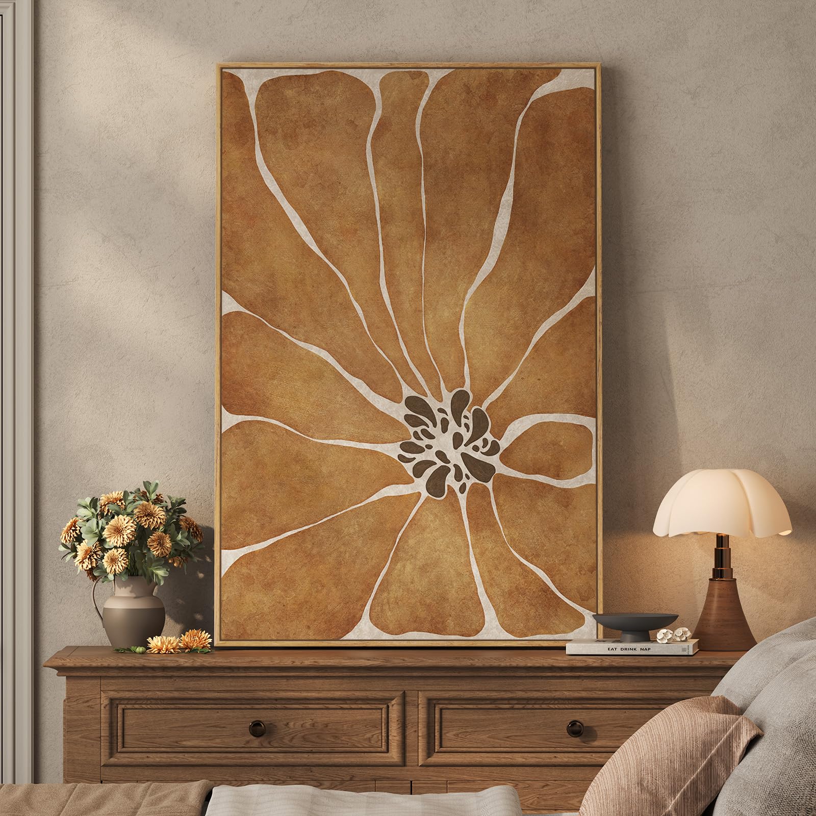 Framed Boho Abstract Wall Art for Living Room, Neutral Black Beige Wabi Sabi Botanical Leaf Prints Canvas Artwork for Walls, Minimalist Mid Century Modern Wall Decor for Bedroom Home Office, 24x36 In
