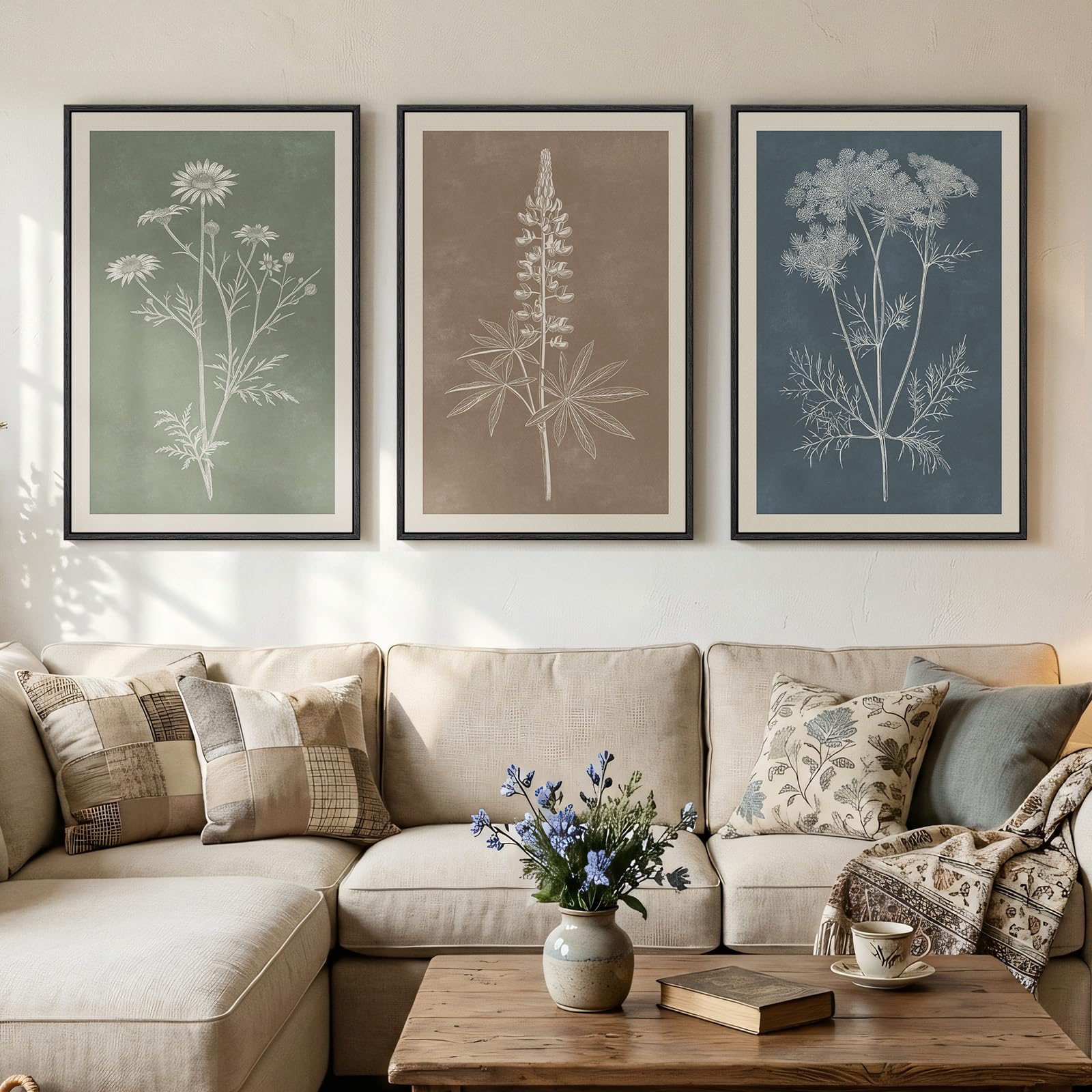Framed Abstract Sage Green 3 Piece Wall Art for Living Room, Modern Neutral Waves Botanical Canvas Artwork for Walls, Minimalist Wabi Sabi Rustic Nature Print Wall Decor for Bedroom Office, 16x24 Inch