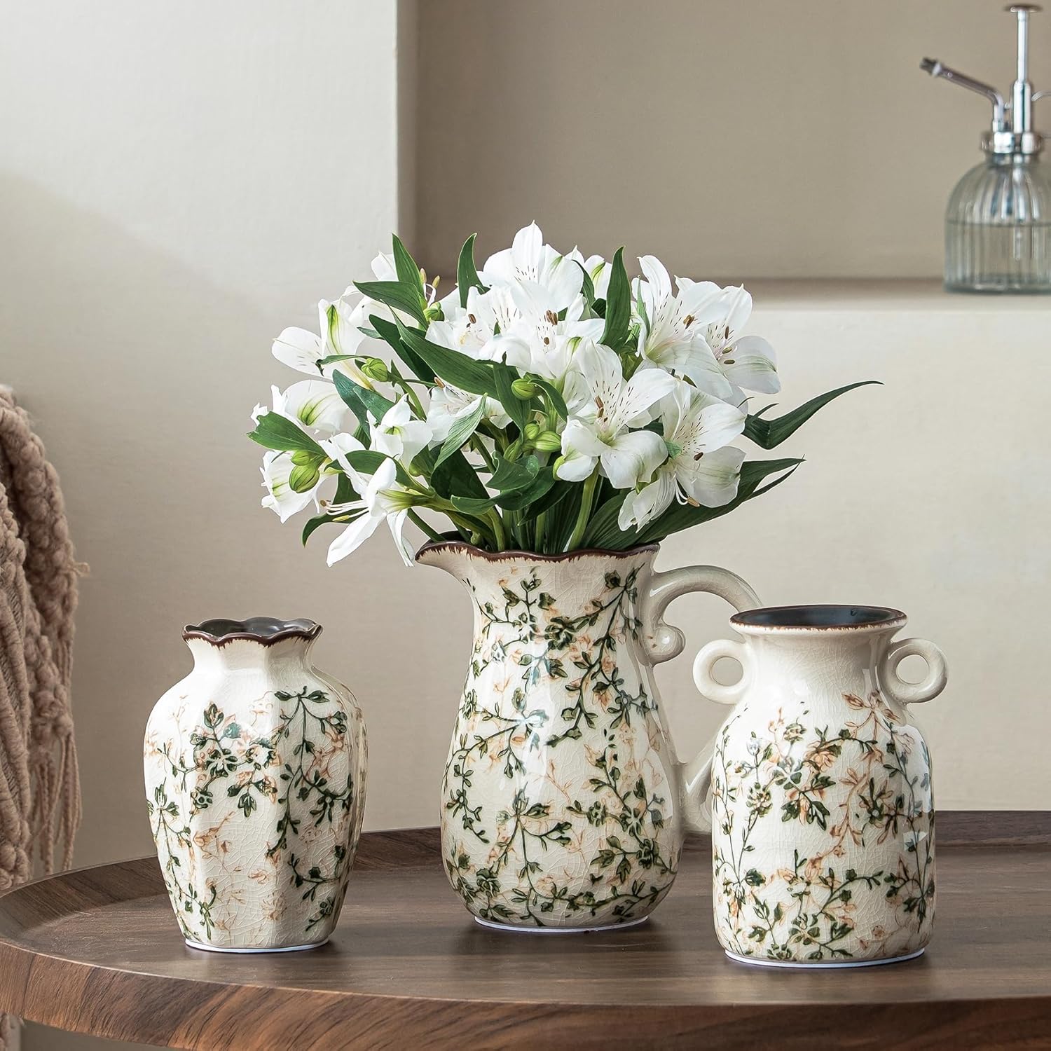 Ceramic Flower Vases Set of 3 | Green Rustic Farmhouse Vase Set for Home Decor, Vintage Floral Decorative Vase for Living Room & Kitchen, Mantel & Bookshelf, Centerpieces, Entryway(5.7+5.9+7.1Inch)