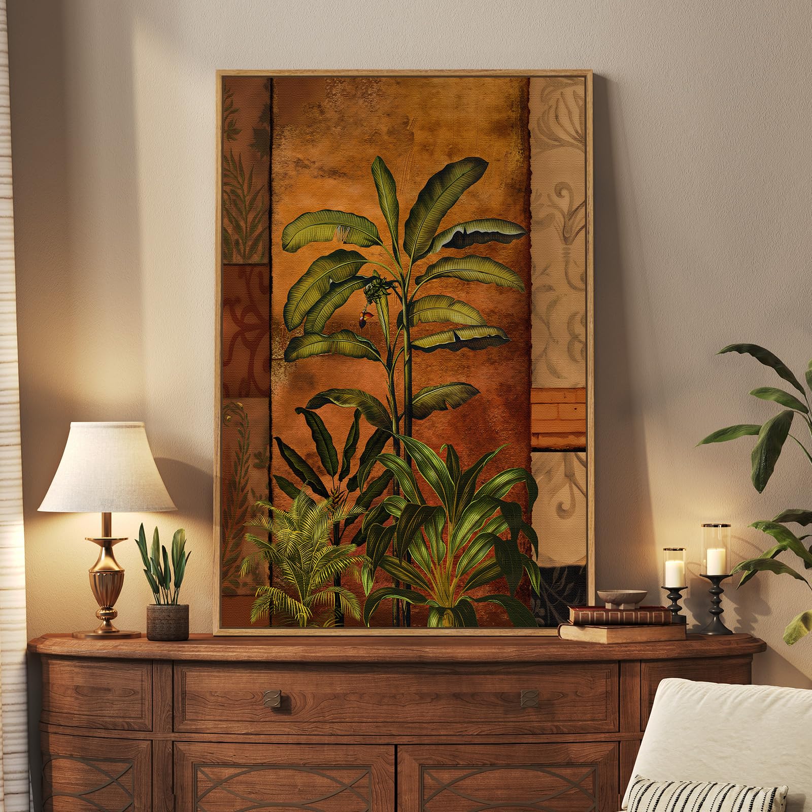 Framed Boho Abstract Wall Art for Living Room, Neutral Black Beige Wabi Sabi Botanical Leaf Prints Canvas Artwork for Walls, Minimalist Mid Century Modern Wall Decor for Bedroom Home Office, 24x36 In