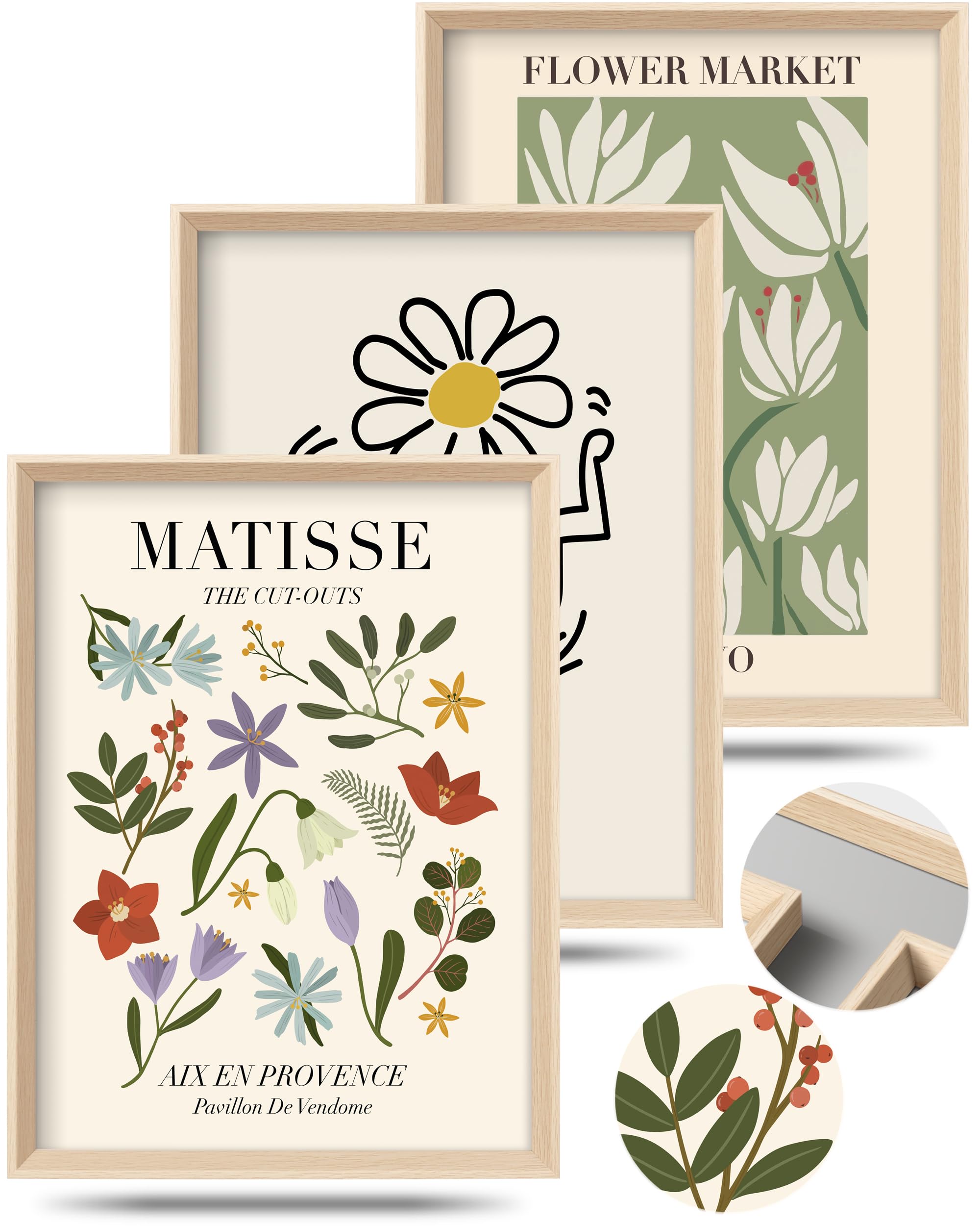 HesenDot Abstract Botanical Wall Art Set of 3, 30x40CM Neutral Plant Framed Canvas Prints, Beige Green Boho Aesthetic Wall Decor for Living Room Bedroom Bathroom Office Home