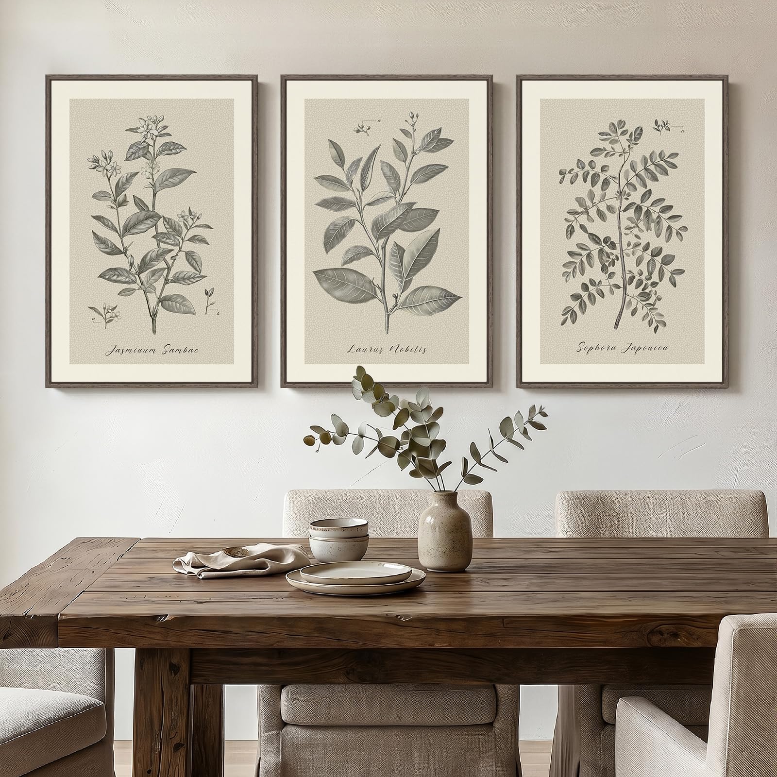 Framed Abstract Sage Green 3 Piece Wall Art for Living Room, Modern Neutral Waves Botanical Canvas Artwork for Walls, Minimalist Wabi Sabi Rustic Nature Print Wall Decor for Bedroom Office, 16x24 Inch