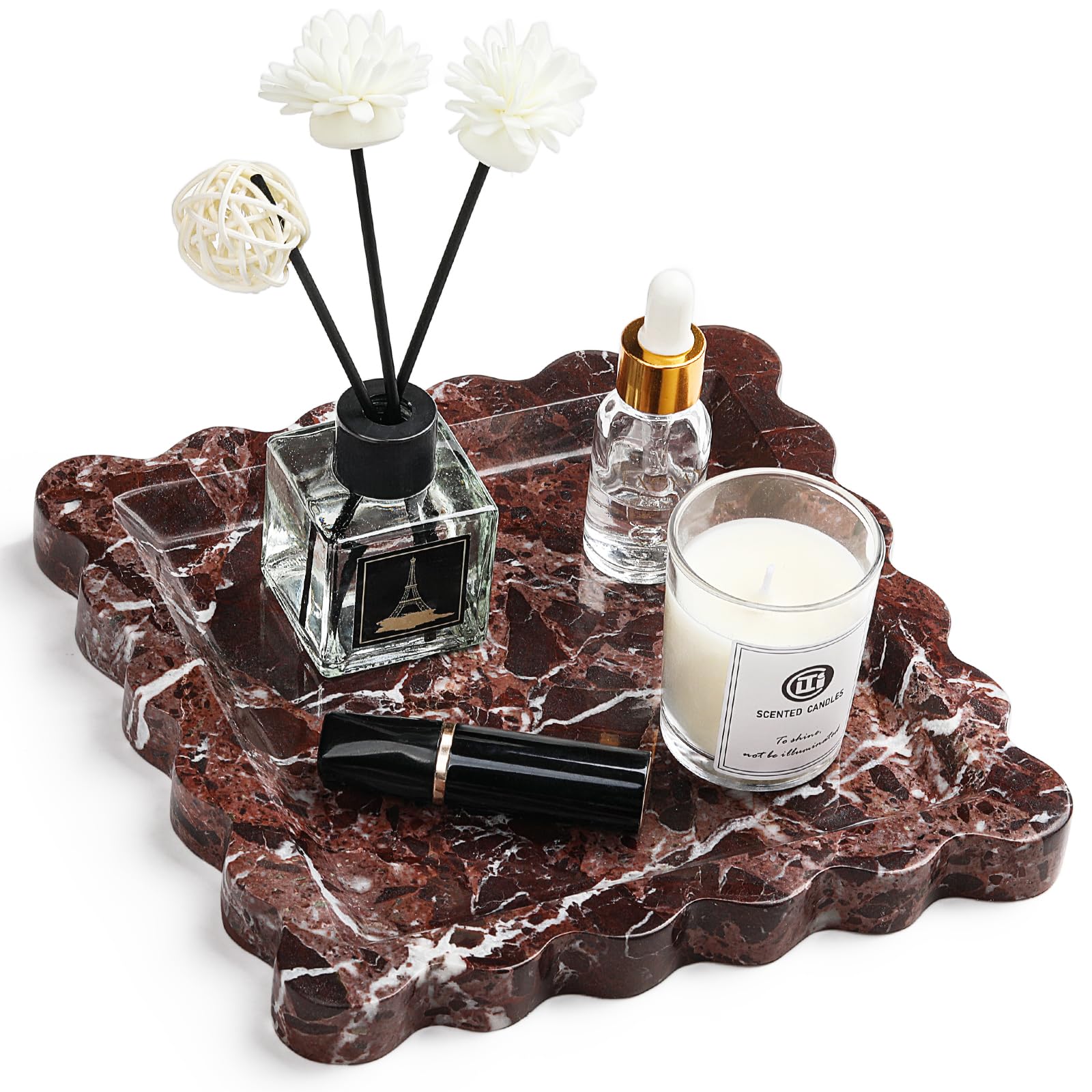 Natural Marble Vanity Tray - Moujings Genuine Marble Perfume Tray for Bathroom Decor, Stone Bathroom Vanity Organizer Tray for Kitchen Counter, Candles, Jewelry, Coffee, Makeup, Key