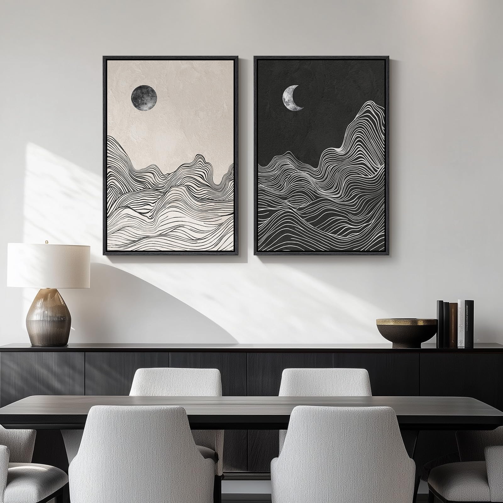 24x36 Inch 2-Piece Framed Black Beige Abstract Canvas Prints, Minimalist Black White Wall Art Decor for Living Room, Dining, Hallway & Bedroom