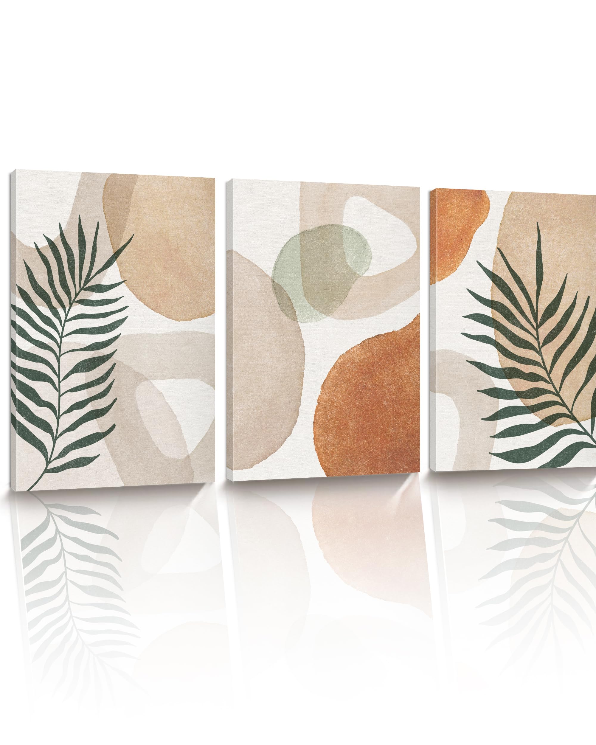 HesenDot Abstract Botanical Wall Art Set of 3, 30x40CM Neutral Plant Framed Canvas Prints, Beige Green Boho Aesthetic Wall Decor for Living Room Bedroom Bathroom Office Home