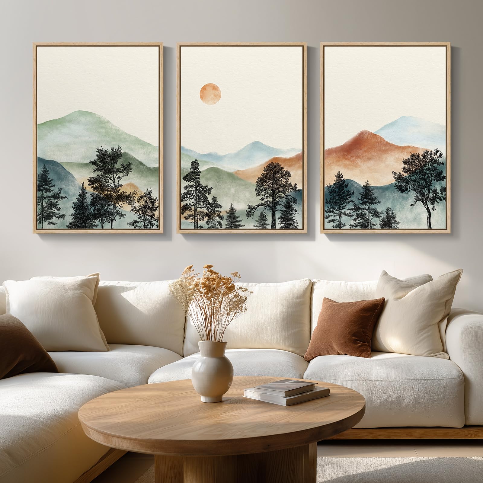 Large Framed Neutral Abstract Landscape Set of 3 Living Room Wall Art, Modern Misty Pine Forest Canvas Artwork for Walls, Beige Rustic Farmhouse Nature Wall Decor for Bedroom Hallway Office, 24x36 In