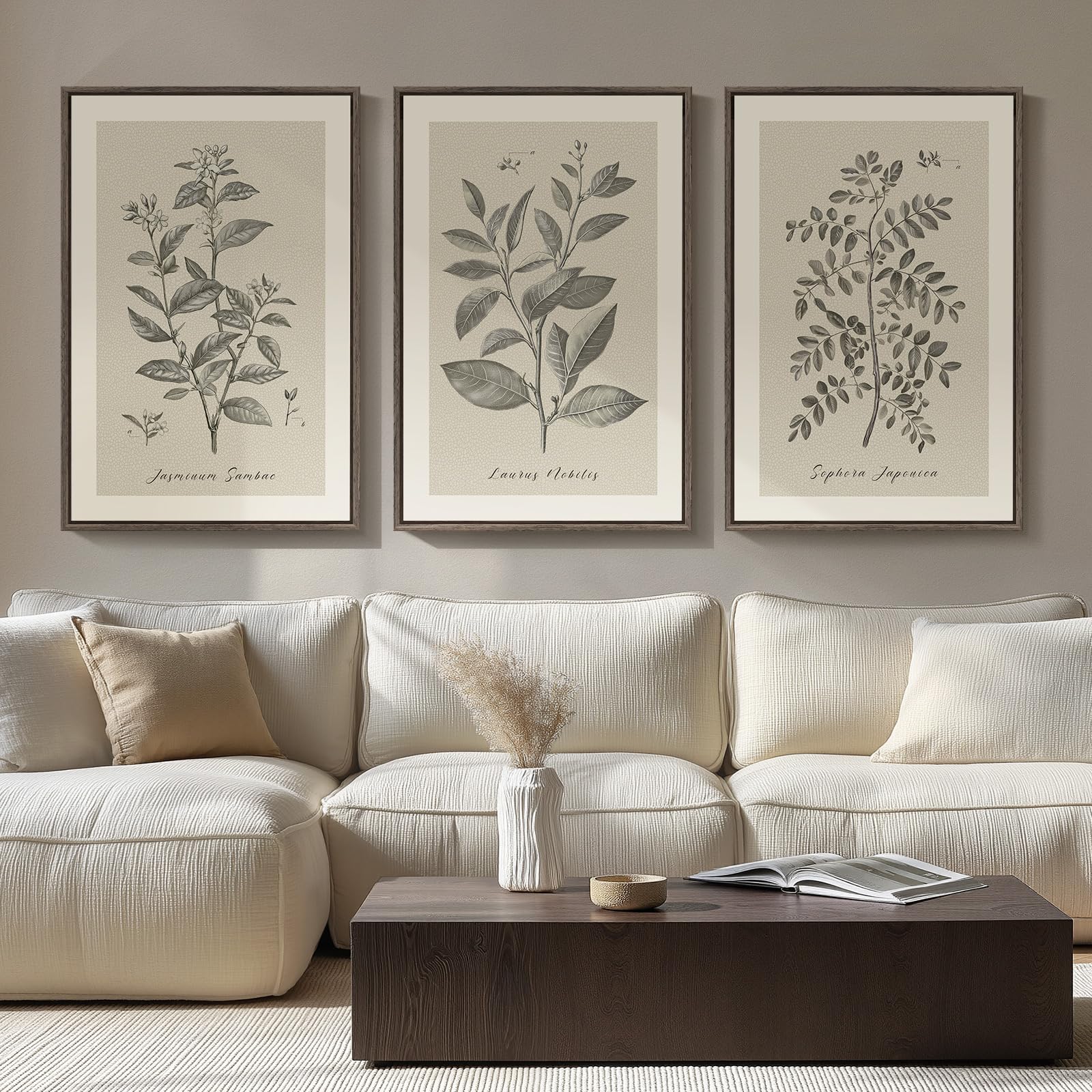 Framed Abstract Sage Green 3 Piece Wall Art for Living Room, Modern Neutral Waves Botanical Canvas Artwork for Walls, Minimalist Wabi Sabi Rustic Nature Print Wall Decor for Bedroom Office, 16x24 Inch