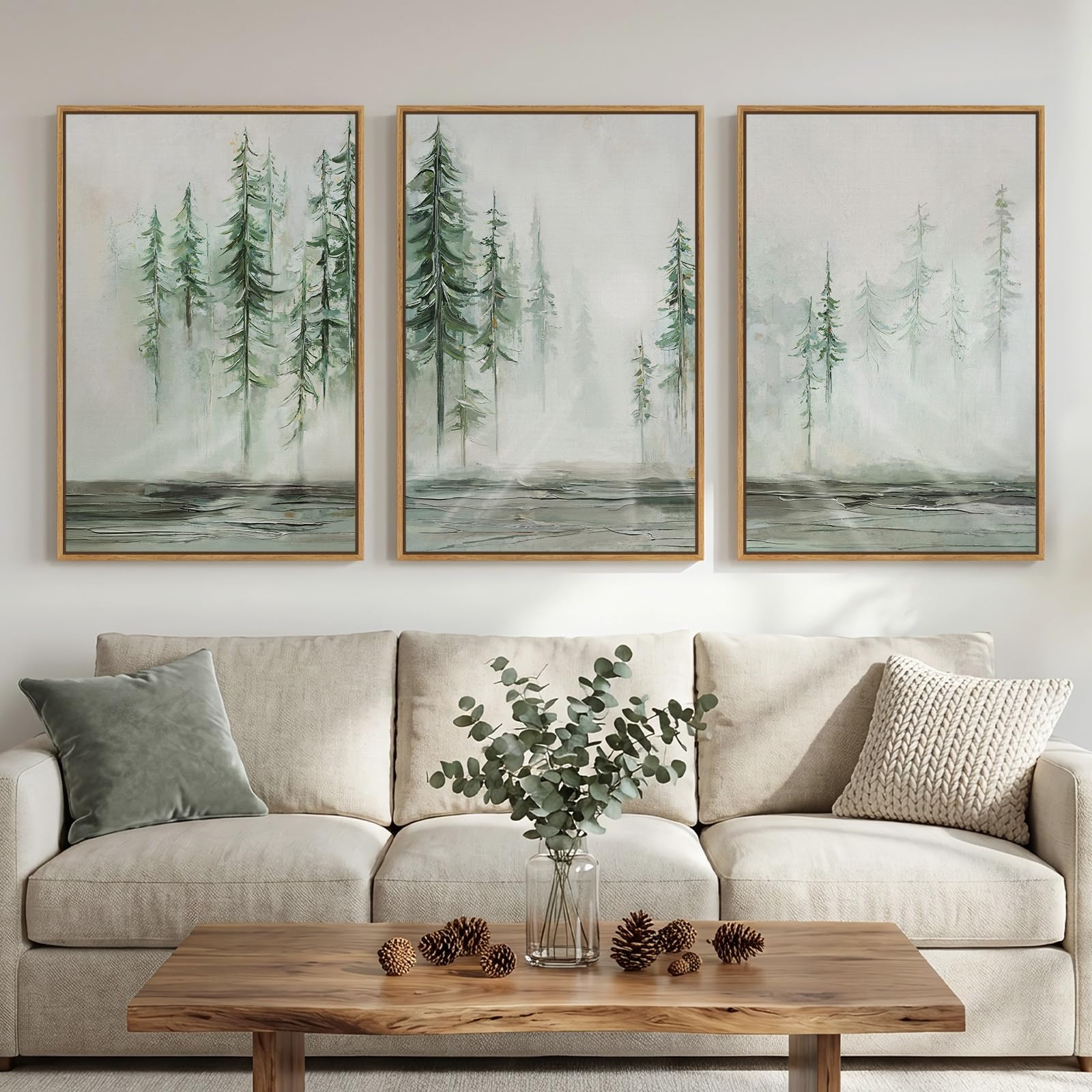 Large Framed Neutral Abstract Landscape Set of 3 Living Room Wall Art, Modern Misty Pine Forest Canvas Artwork for Walls, Beige Rustic Farmhouse Nature Wall Decor for Bedroom Hallway Office, 24x36 In