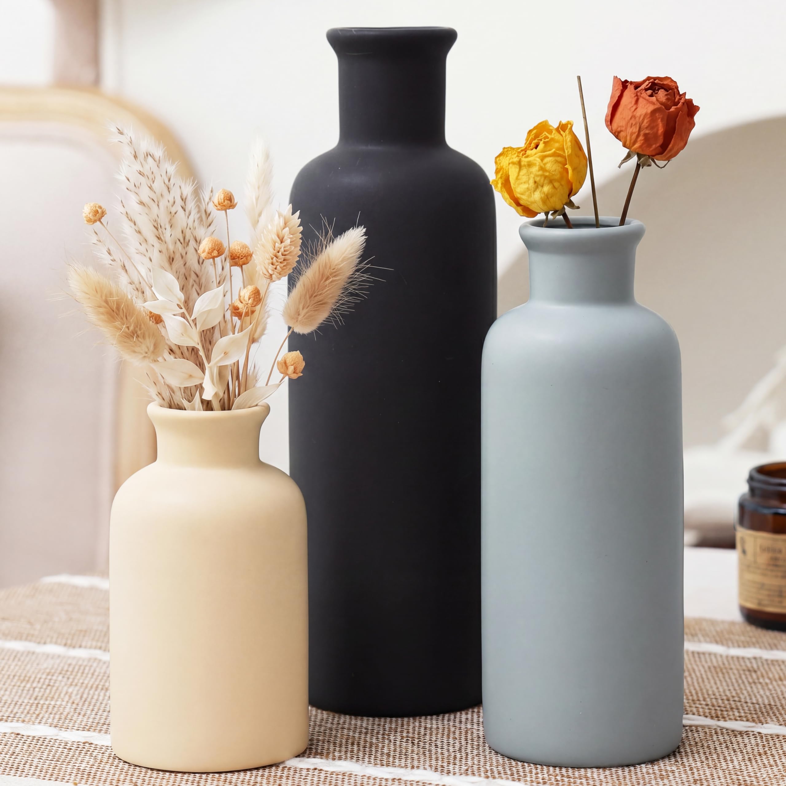 Modern Ceramic Vase Set of 5, Vases Home Decor Rustic Farmhouse Decorative Vase Pottery Vases for Bouquet Pampas Grass Dried Fresh Flowers, Table Living Room Kitchen Bedroom