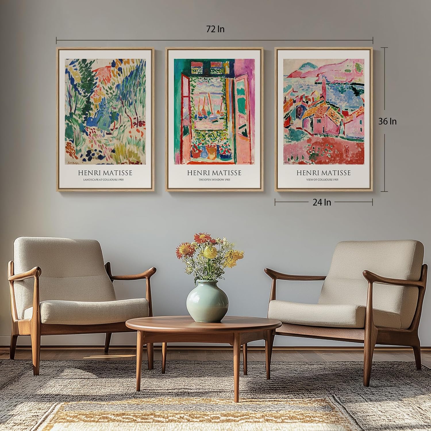 Large Framed Matisse Wall Art for Living room, 3 Piece Colorful Abstract Canvas Artwork for Walls, Retro Vintage Big Matisse Famous Landscape Paintings Prints Pictures for Hallway Home Office 24x36