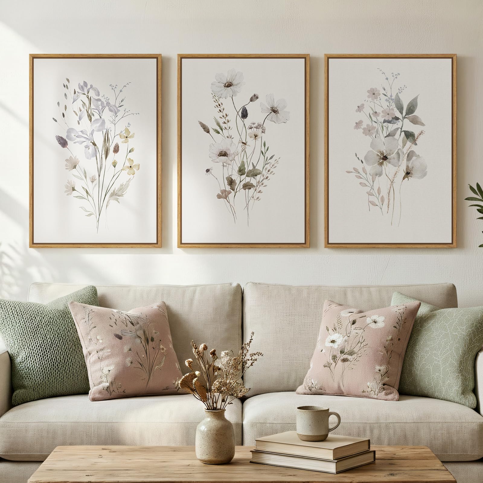 Framed Abstract Sage Green 3 Piece Wall Art for Living Room, Modern Neutral Waves Botanical Canvas Artwork for Walls, Minimalist Wabi Sabi Rustic Nature Print Wall Decor for Bedroom Office, 16x24 Inch