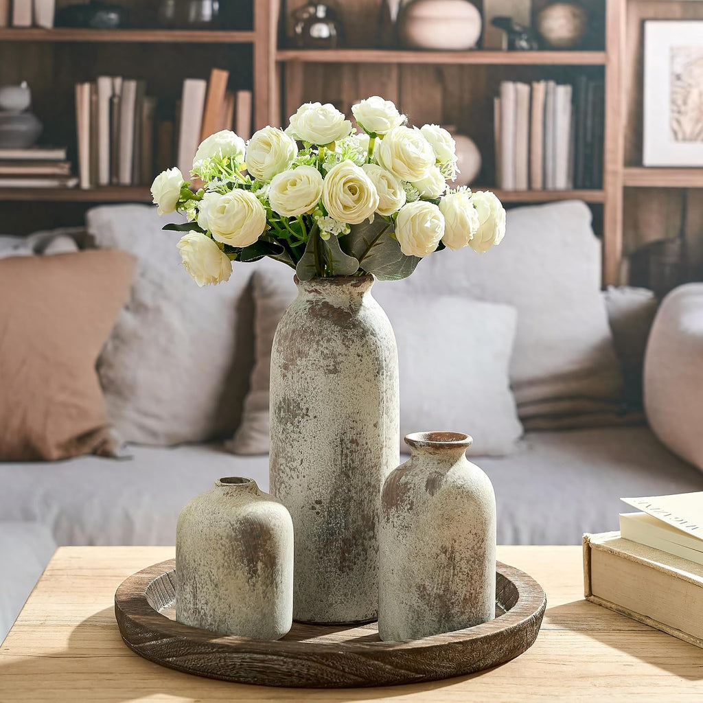 Ceramic Vase Set of 3, Decorative Terracotta Farmhouse Rustic Vases for Living Room Kitchen Bedroom Bathroom Entryway Mantel Table, Pottery Home Decor for Bouquet Pampas Grass Dried Fresh Flowers