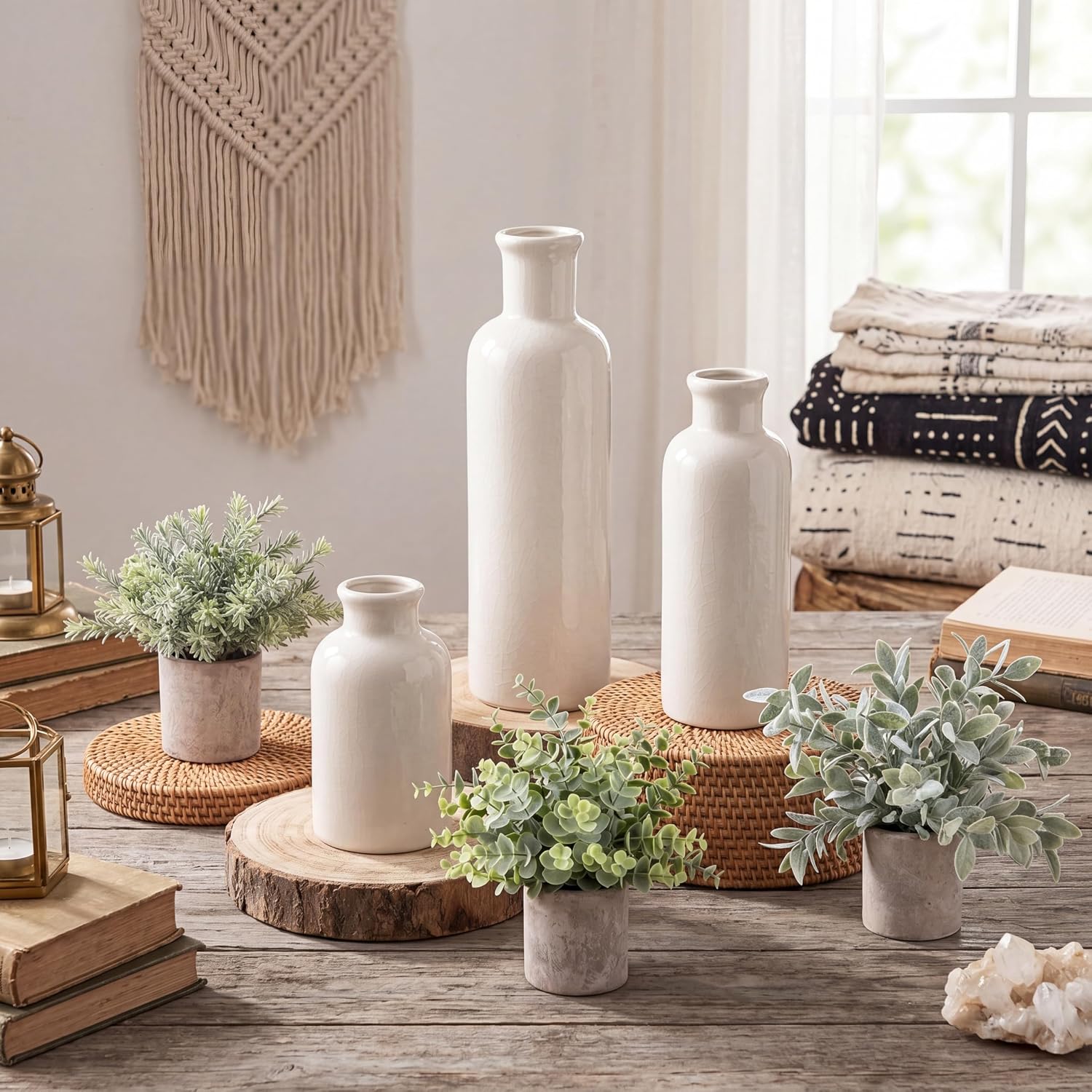 6 Pcs Rustic Boho Table Decor Set Includes Boho White Ceramic Vases and Mini Artificial Potted Plants for Living Room Weeding, Office Desk, Farmhouse Bathroom, and Kitchen Decor