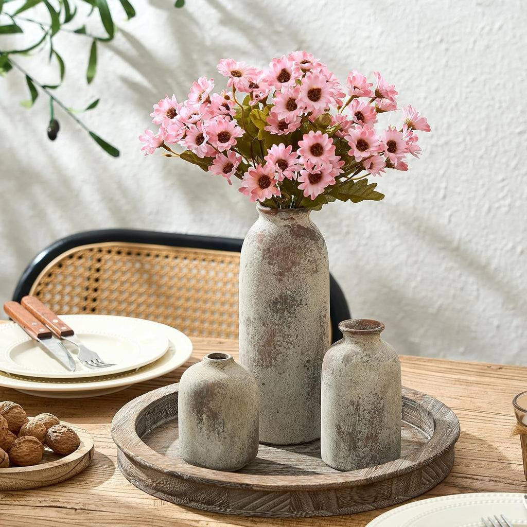 Ceramic Vase Set of 3, Decorative Terracotta Farmhouse Rustic Vases for Living Room Kitchen Bedroom Bathroom Entryway Mantel Table, Pottery Home Decor for Bouquet Pampas Grass Dried Fresh Flowers