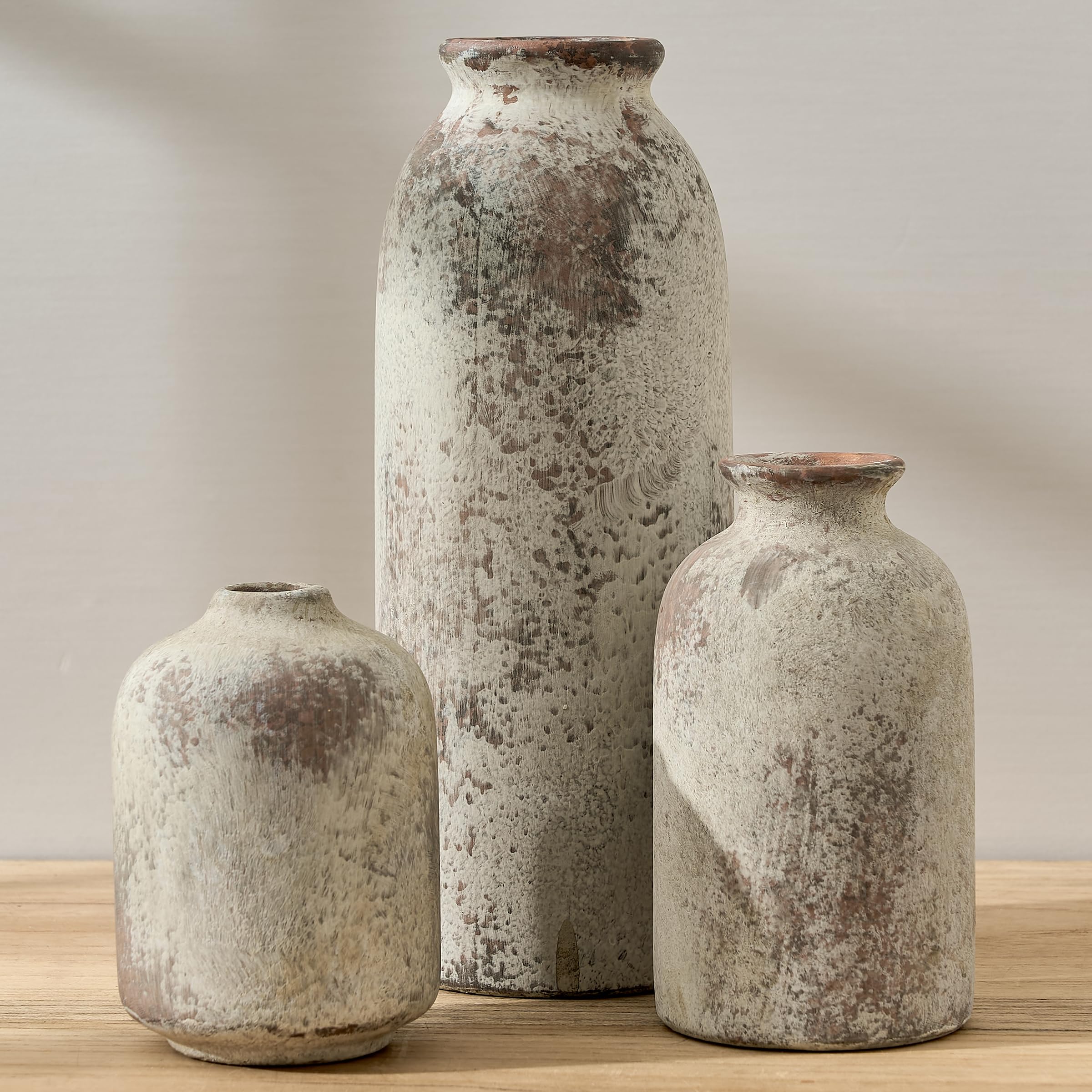 Green and Beige Antique Vase Set of 3, Vintage Chinoiserie Floral Vase, Rustic Ceramic Vase for Home Decor, Living Room, Bookshelf, Office, Entryway, Garden, Chinoiserie Decor, Tuscan Decor