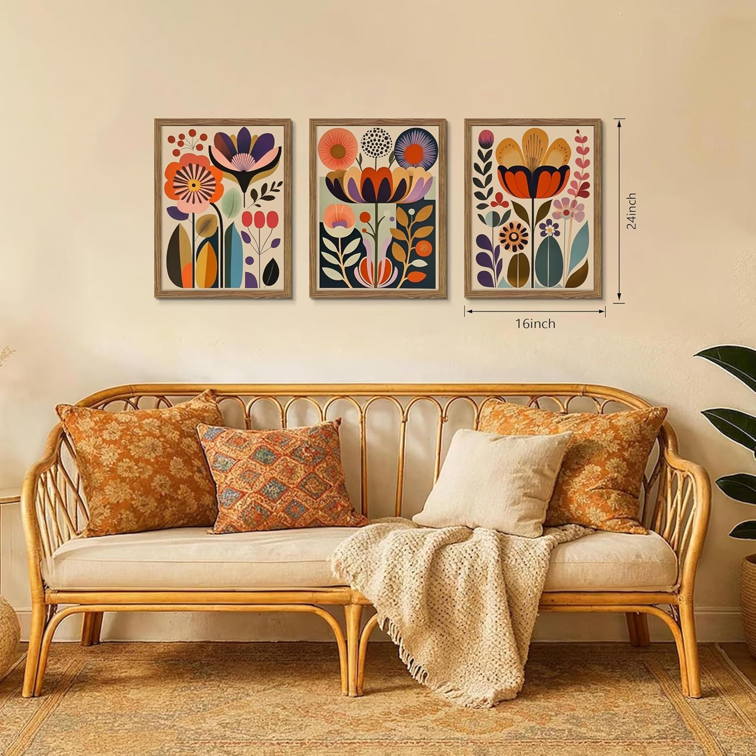 Framed Colorful Floral Wall Art Set of 3, Abstract Scandinavian Flower Canvas Wall Decor Paintings, Mid Century Modern Botanical Artwork Pictures Prints for Living Room Bedroom Dining Room 16x24 Inch