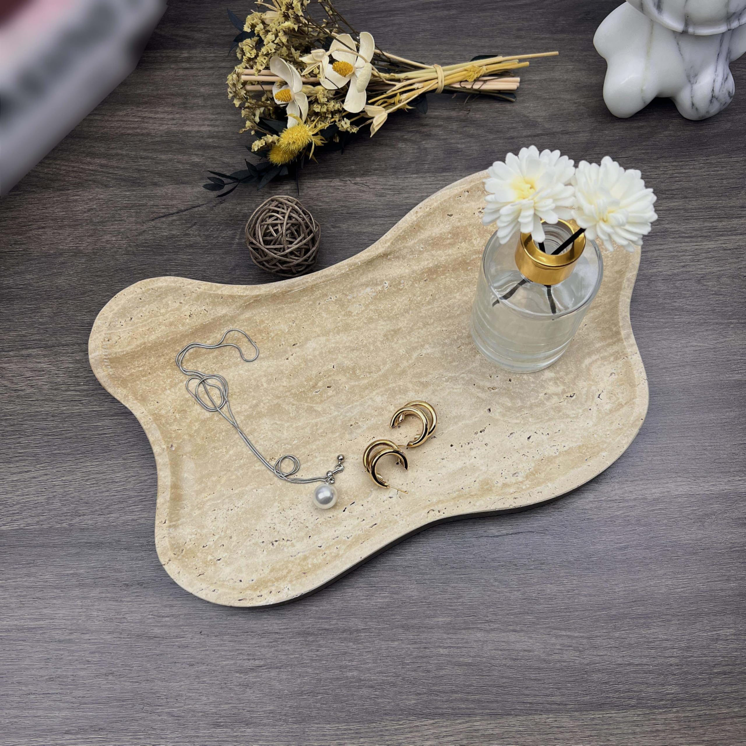 13.3×8.3 Inch Cloud Shaped Natural Travertine Catchall Tray, Beige Stone Decor Tray for Bathroom Counter, Dresser & Coffee Table Jewelry Perfume Storage