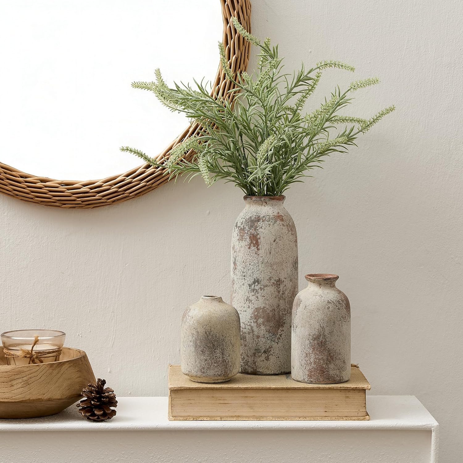 Ceramic Vase Set of 3, Decorative Terracotta Farmhouse Rustic Vases for Living Room Kitchen Bedroom Bathroom Entryway Mantel Table, Pottery Home Decor for Bouquet Pampas Grass Dried Fresh Flowers