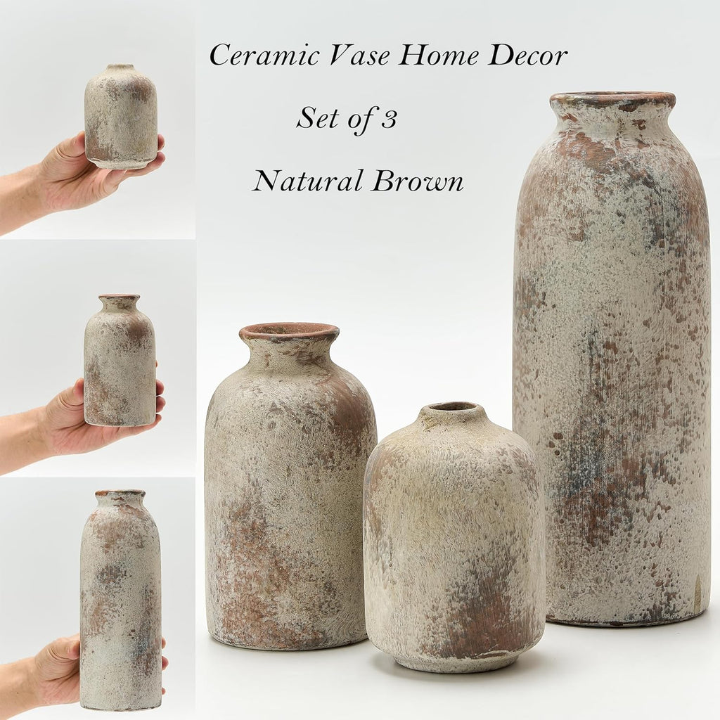 Ceramic Vase Set of 3, Decorative Terracotta Farmhouse Rustic Vases for Living Room Kitchen Bedroom Bathroom Entryway Mantel Table, Pottery Home Decor for Bouquet Pampas Grass Dried Fresh Flowers